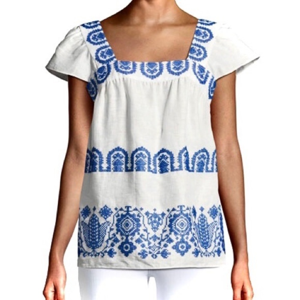 Milly Flutter Sleeve Blue Embroidered Blouse